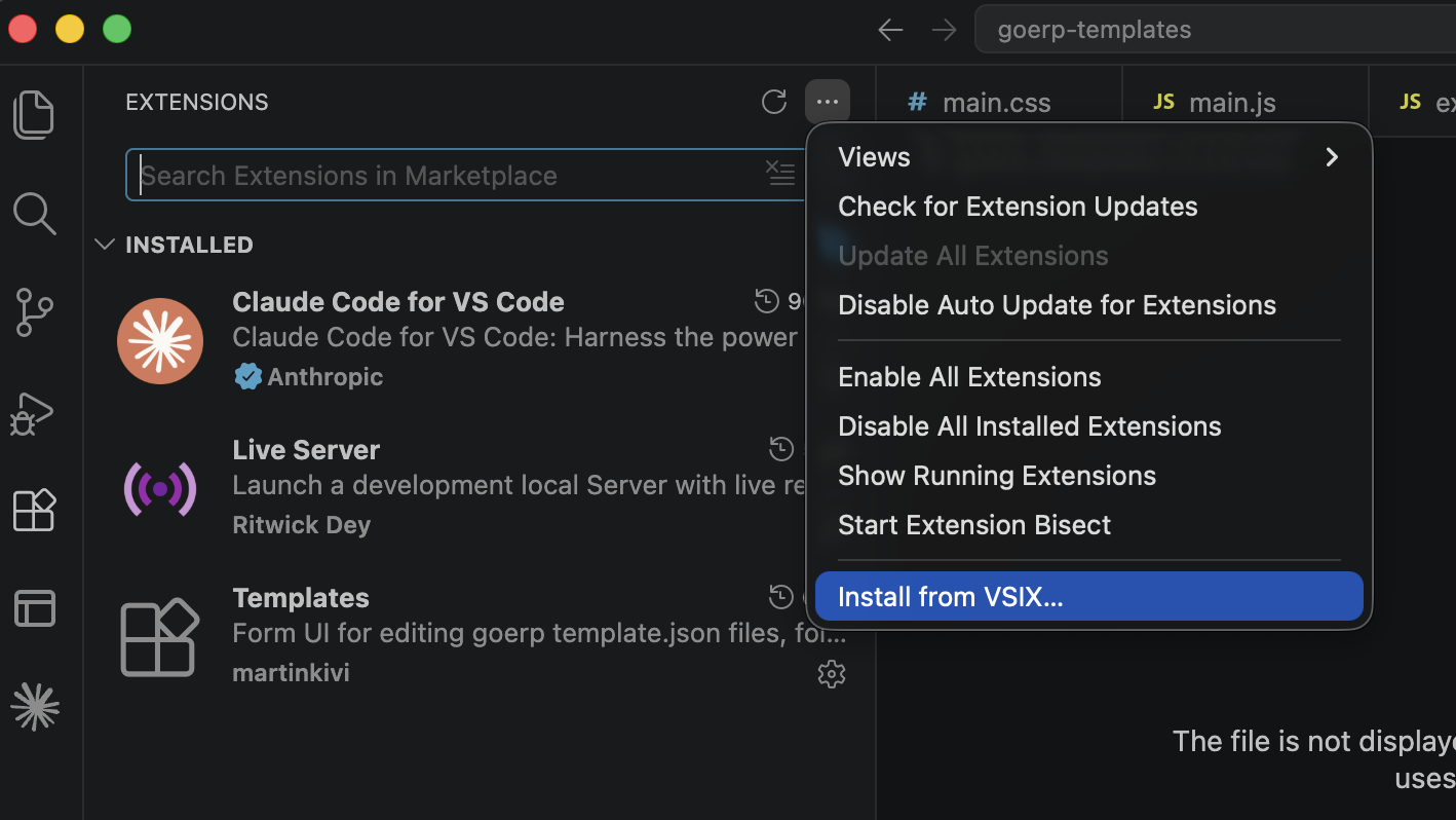 Install from VSIX&hellip; menu item in the Extensions panel